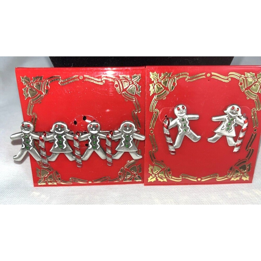 Christmas Gingerbread Man Pin & Earrings Set Holiday Jewelry Festive Metal New